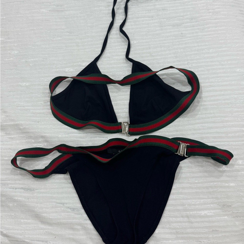 Gucci Elegant Black Bikini with Red and Green Accents